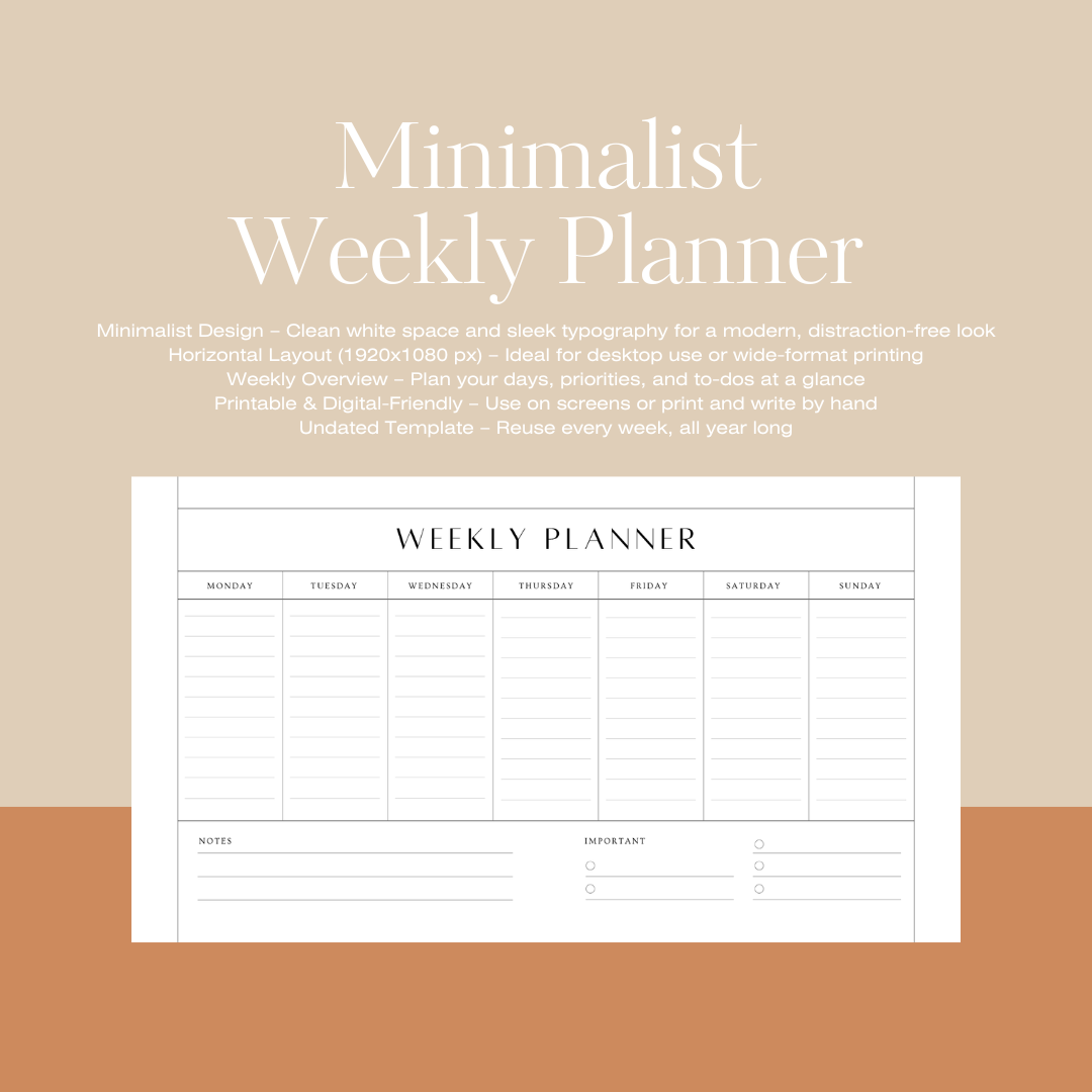White Minimalist Weekly Planner Calendar | Printable Digital PDF (1920x1080 px)