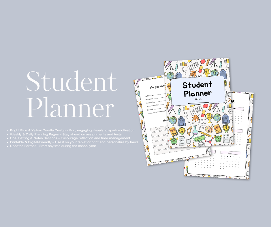 Student Planner | Blue & Yellow Doodle Style | Printable Digital PDF (8.5x11 in)